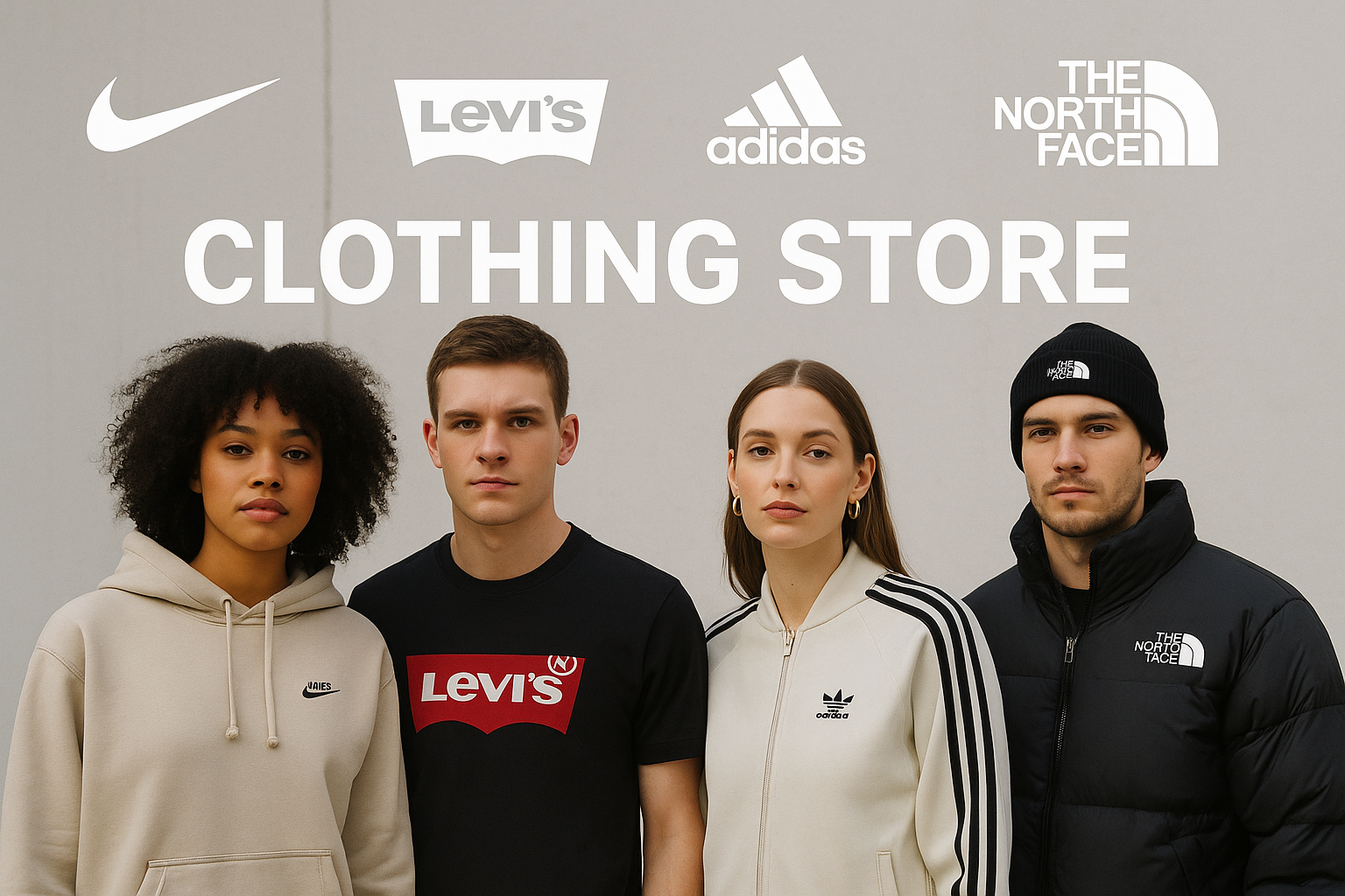 Four people wearing clothing with various brand logos against a gray background.
